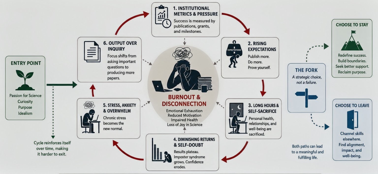 A diagram showing the self-perpetuating cycle of academic burnout and research pressure.